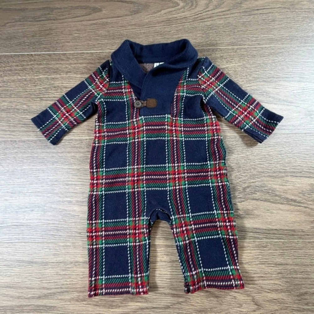 Janie and Jack Navy Blue Plaid Shawl Collar Knit Romper 0-3 Months Holiday